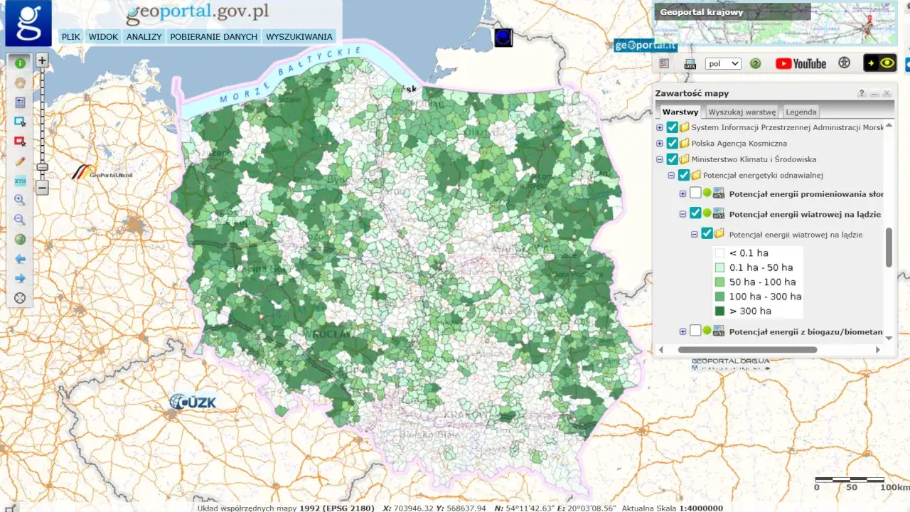 Mapa potencjału energii wiatrowej na lądzie w Polsce. Kiedy ustawa oze wejdzie w życie, takie dane będą kluczowe.