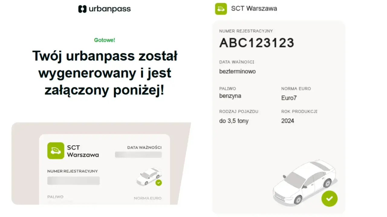Wygenerowany urbanpass SCT Warszawa z danymi pojazdu: numer rejestracyjny, paliwo, norma Euro 7, rok produkcji 2024.