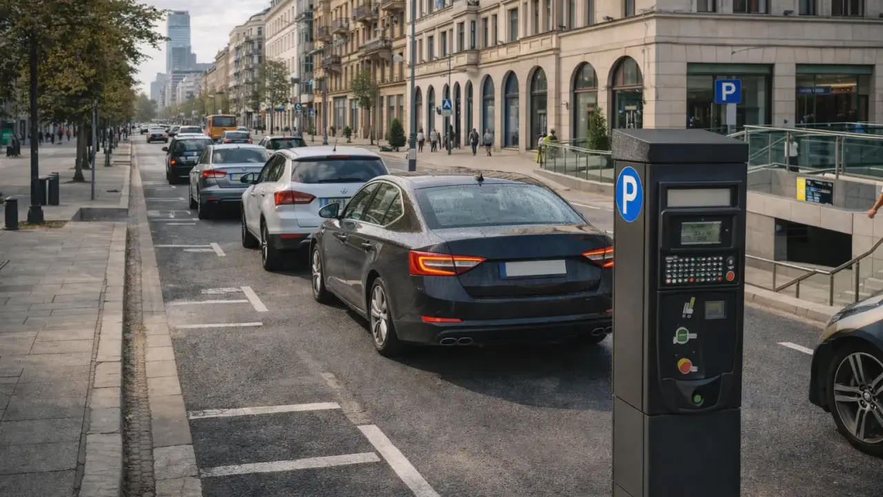 Czarny parkometr na tle ulicy z zaparkowanymi samochodami i budynkami.