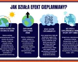 Ilustracja przedstawia cztery panele wyjaśniające efekt cieplarniany: energia słoneczna, emisja ciepła, gazy cieplarniane i Ziemia bez efektu.