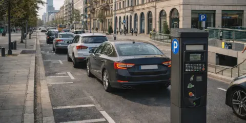 Czarny parkometr na tle ulicy z zaparkowanymi samochodami i budynkami.