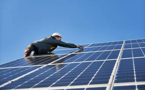 Instalator montuje panele fotowoltaiczne. Nowa ustawa o OZE jakie czekają nas zmiany w energetyce odnawialnej.