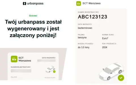 Wygenerowany urbanpass SCT Warszawa z danymi pojazdu: numer rejestracyjny, paliwo, norma Euro 7, rok produkcji 2024.