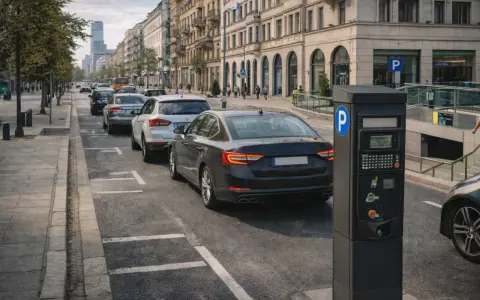 Czarny parkometr na tle ulicy z zaparkowanymi samochodami i budynkami.