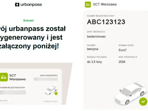 Wygenerowany urbanpass SCT Warszawa z danymi pojazdu: numer rejestracyjny, paliwo, norma Euro 7, rok produkcji 2024.
