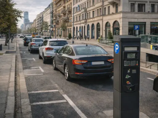 Czarny parkometr na tle ulicy z zaparkowanymi samochodami i budynkami.