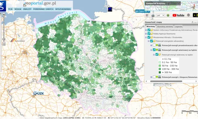Mapa potencjału energii wiatrowej na lądzie w Polsce. Kiedy ustawa oze wejdzie w życie, takie dane będą kluczowe.