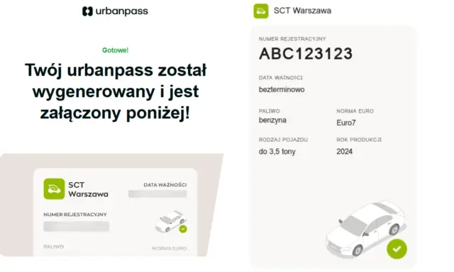 Wygenerowany urbanpass SCT Warszawa z danymi pojazdu: numer rejestracyjny, paliwo, norma Euro 7, rok produkcji 2024.