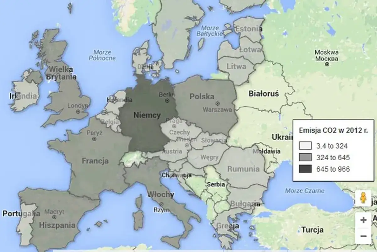 Mapa emisji gaz&oacute;w cieplarnianych w krajach UE