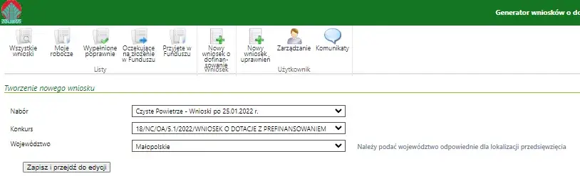 Generator Wniosków o Dofinansowanie Czyste Powietrze interfejs